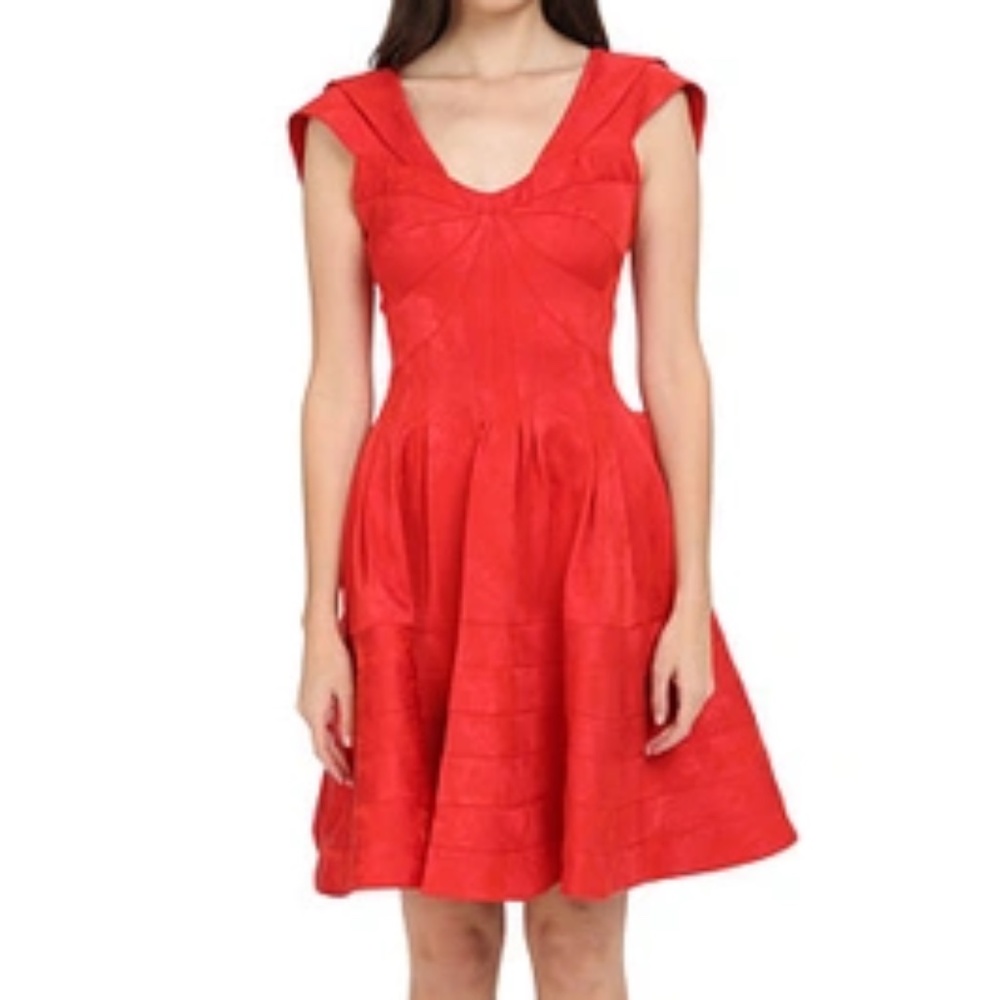 Zac Posen Red Jacquard Scoop Neck Short Sleeve Fit and Flare Dress size 10